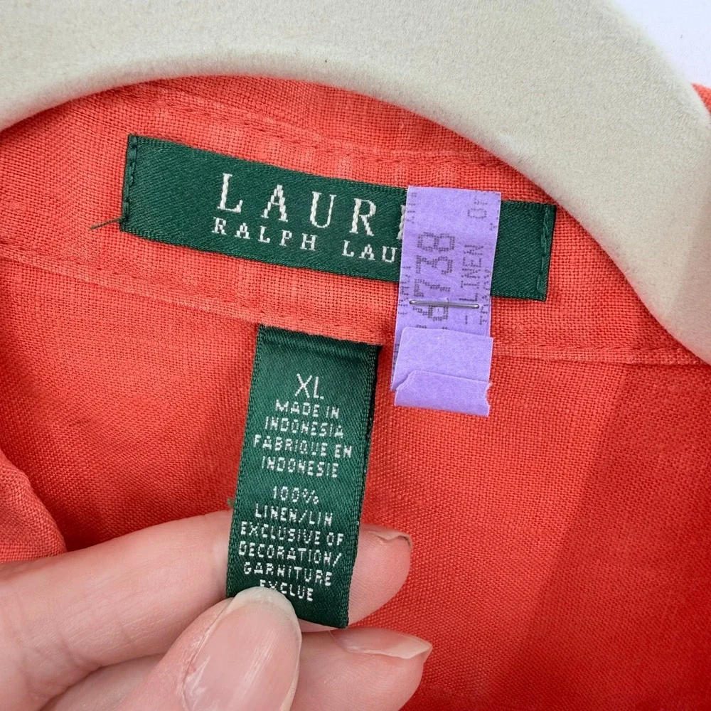 Lauren Ralph Lauren Womens XL Coral 100% Linen Roll Tab Button Up Shirt LRL Logo